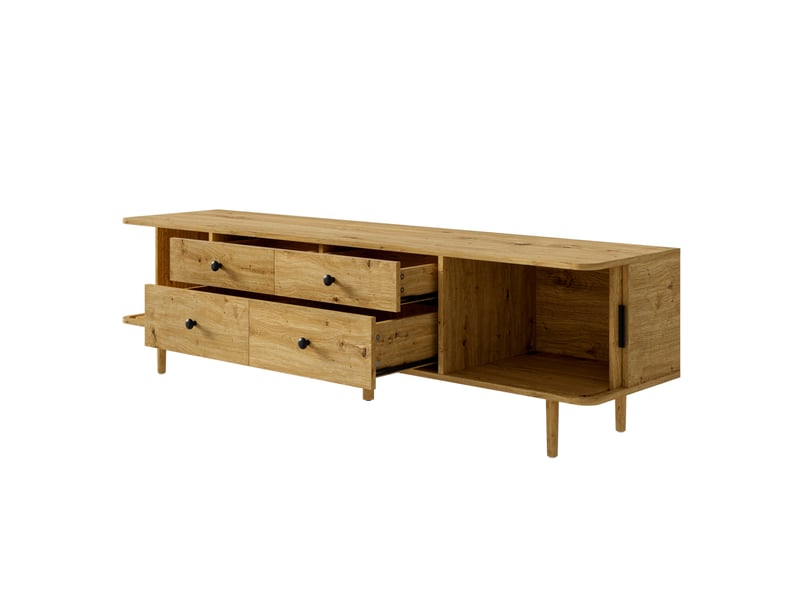  Meuble tv avec 4 tiroirs et 2 portes coulissantes, coins arrondis, pour salon, en mdf bois clair 165 × 40 × 46 cm  - Conforama A