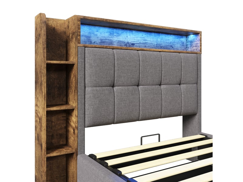 Lit coffre enfant 90x200cm style minimaliste rangement led tactile usb type-c tête capitonnée lin mdf gris sans matelas - Conforama E