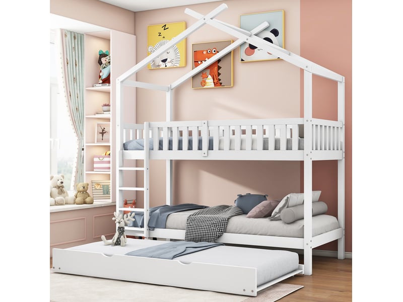  Modenvie lit cabane gigogne 90x200 cm - 3 couchages, structure en pin massif, sans matelas - blanc  - Conforama B