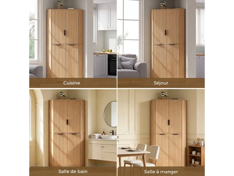  Buffet de cuisine d'angle naturel 60x60x172 cm avec 4 portes et étagères réglables  - Conforama E