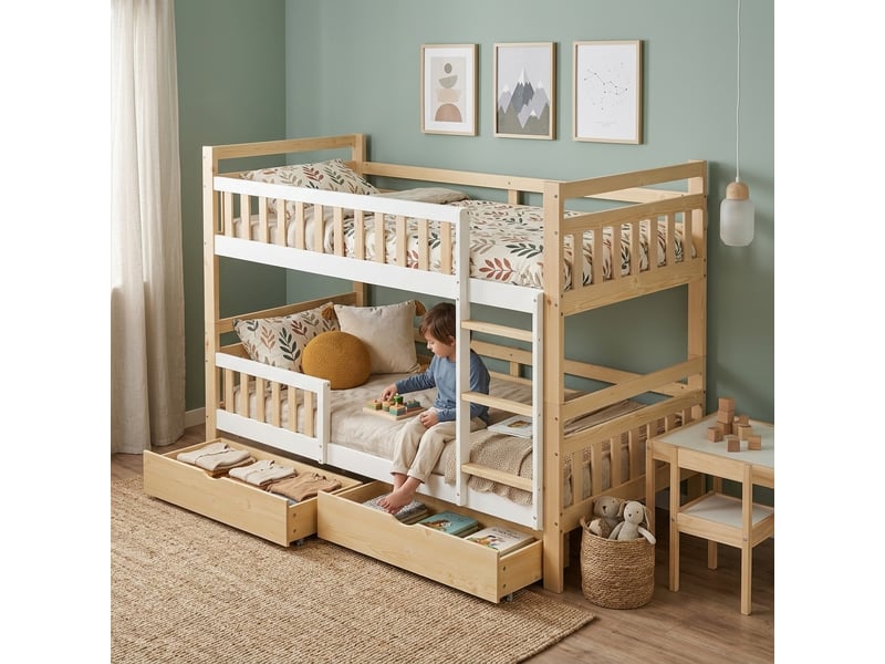  Lit superposé 90x200 cm bois blanc et naturel convertible en 2 lits simples avec échelle barrière de sécurité et 2 tiroirs Sol Morn - Conforama D