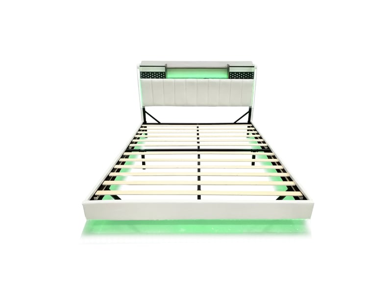  Lit double 140 × 200 cm en lin beige, tête de lit avec rangement, led, usb et effet flottant Fay Lum - Conforama D