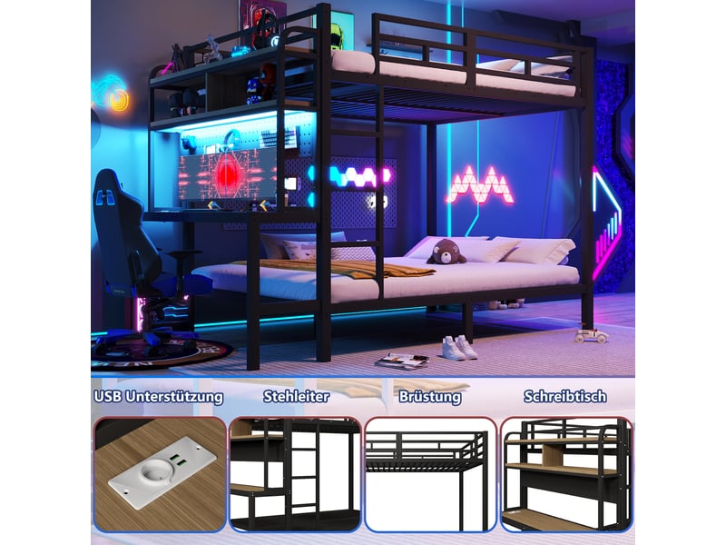  Lit superposé 140x200 cm avec bande lumineuse led et port usb, lit enfant avec étagère et bureau, structure en fer, noir  - Conforama D