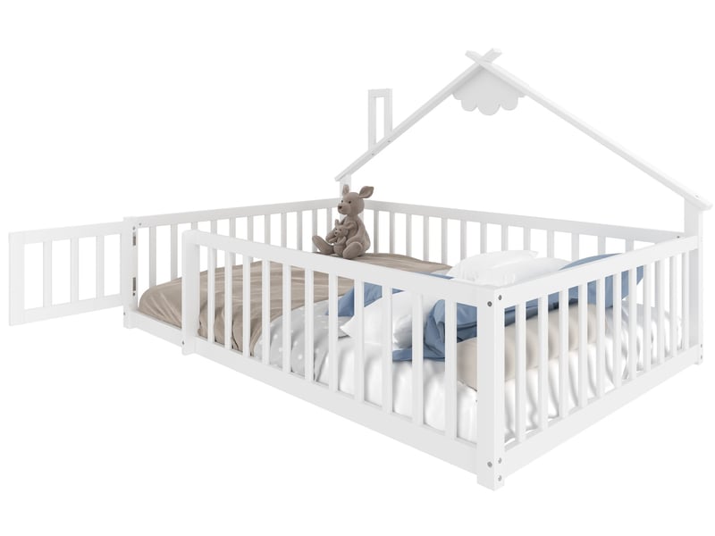  Lit cabane ulevr 140x190 cm avec barrière de sécurité à verrou, structure en pin et mdf, blanc  - Conforama A