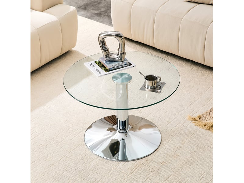 Table basse ronde avec plateau en verre trempé, pied central et base stable, pour salon, en métal argenté  - Conforama D