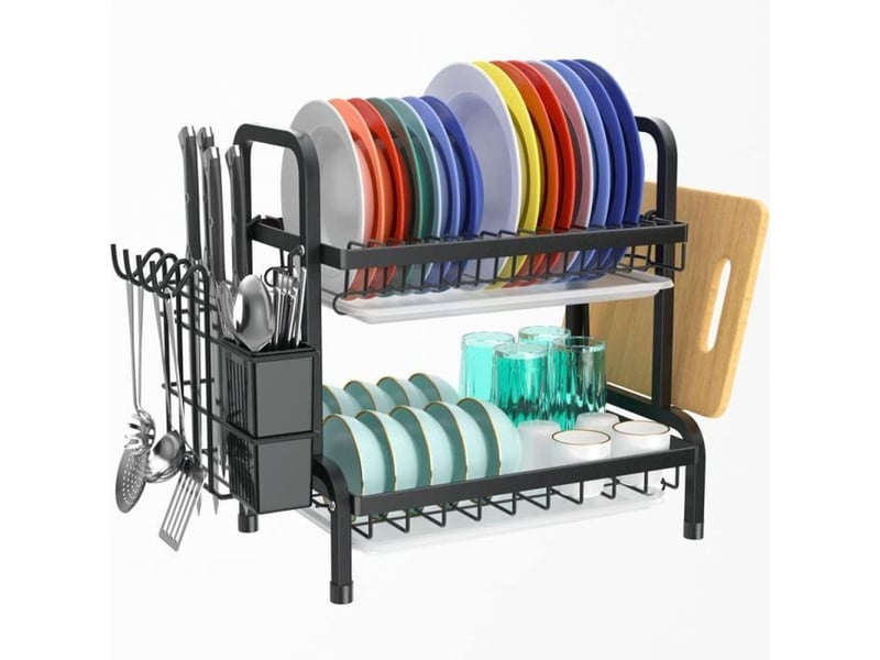  Egouttoir vaisselle 2 niveaux inox 304 noir avec bac et porte couverts  - Conforama A
