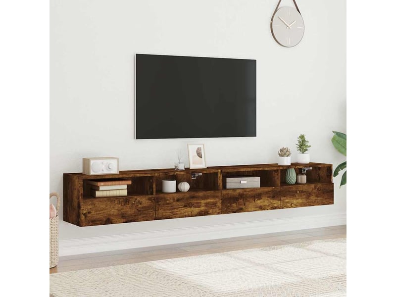  Lot de 2 meuble tv mural, meuble tv suspendu chêne fumé 100x30x30cm bois d'ingénierie  - Conforama C