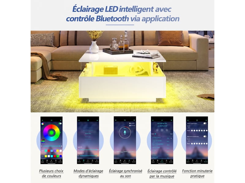  Table basse - carrée - blanc brillant - avec 2 tiroirs et compartiment - eclairage led - 70x70x41 cm  - Conforama D