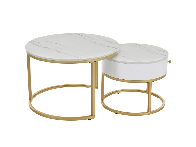  Table basse gigogne ulevr ronde 2 pièces avec tiroir, mdf blanc brillant décor marbré, 70 cm, piètement métal doré  - Conforama C