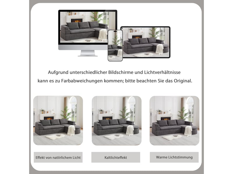  Canapé d’angle 3 places avec méridienne  - accoudoir étagé, 3 coussins de dossier, chenille - gris anthracite  - Conforama E