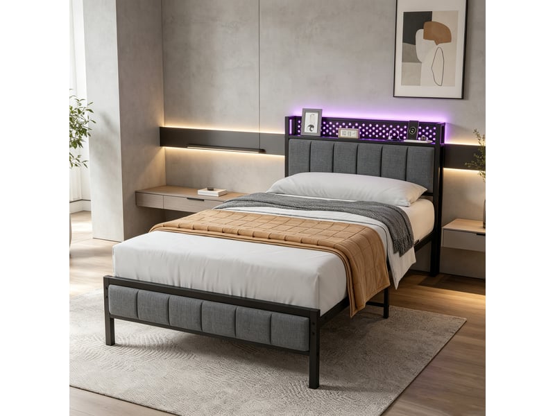  Lit métal ulevr 90 x 200 cm avec rangement sous lit, tête de lit en tissu avec ports de charge et usb, noir  - Conforama B
