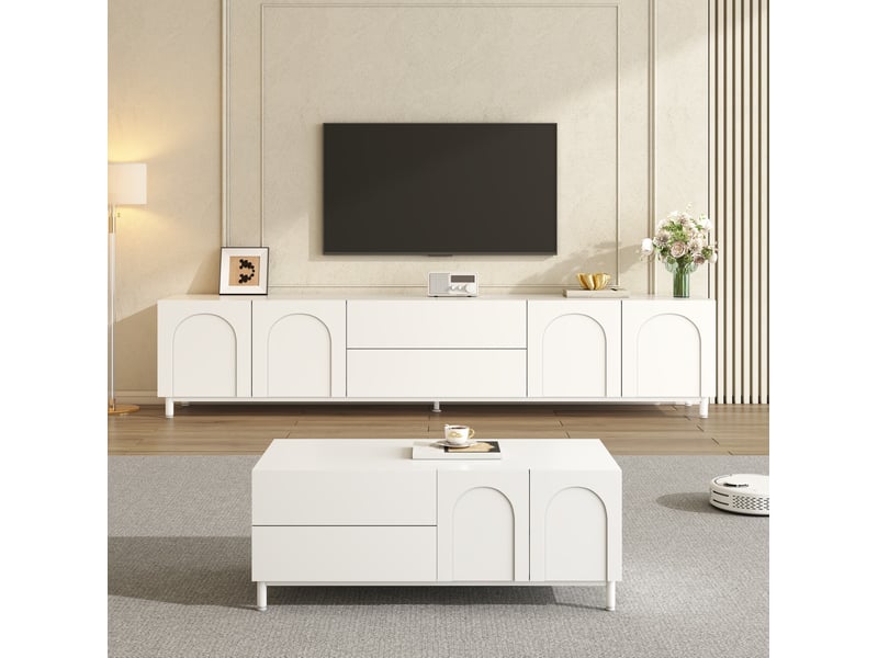  Meuble tv 4 portes et 2 tiroirs, table basse assortie avec 2 portes et 2 tiroirs, rangement fermé blanc pour salon  - Conforama B