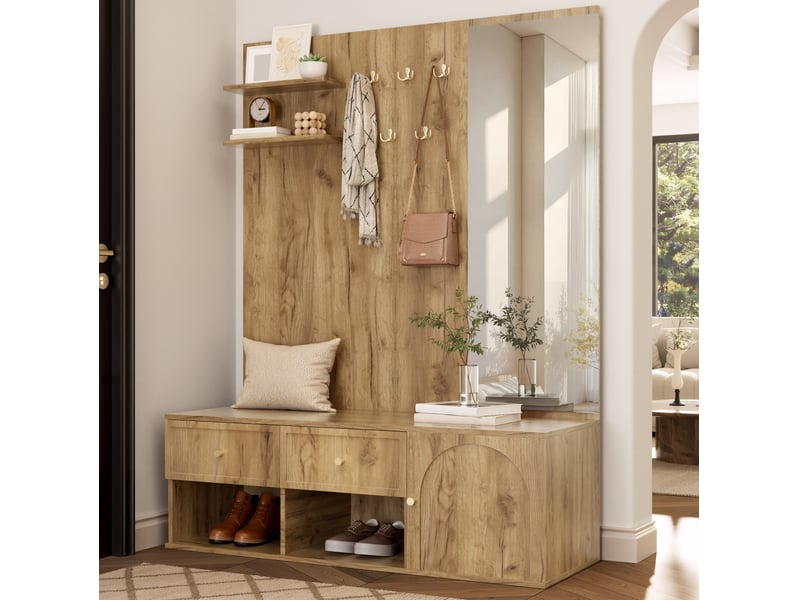  Meuble d'entrée avec miroir, 5 crochets, 2 tiroirs, placard et niches à chaussures en bois naturel 120 × 35 × 159 cm  - Conforama E