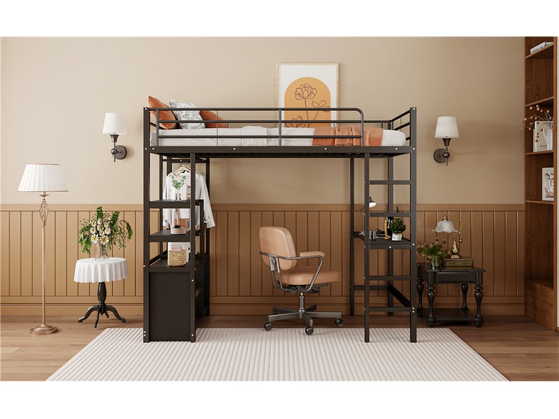  Lit mezzanine 90 × 200 cm, bureau intégré, rangements, prises usb, noir  - Conforama B