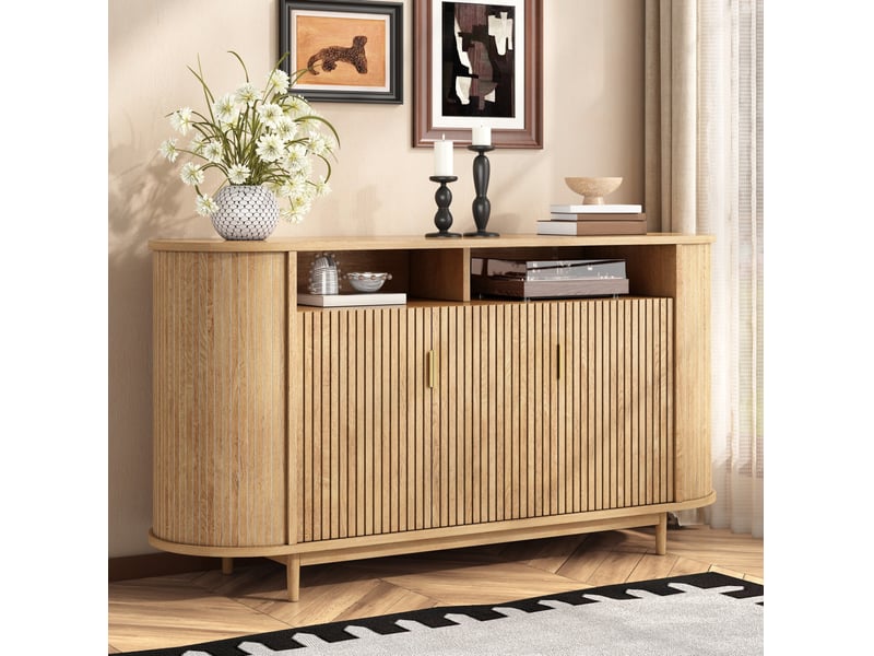  Buffet et enfilade 3 portes, niche ouverte, pieds en pin pour salon, façade à lignes verticales 140 × 40 × 78 cm  - Conforama E