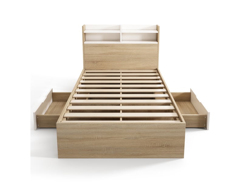 Lit simple 90x200 cm en bois blanc et chêne avec tiroirs, étagères, rangement et matelas inclus - Conforama A