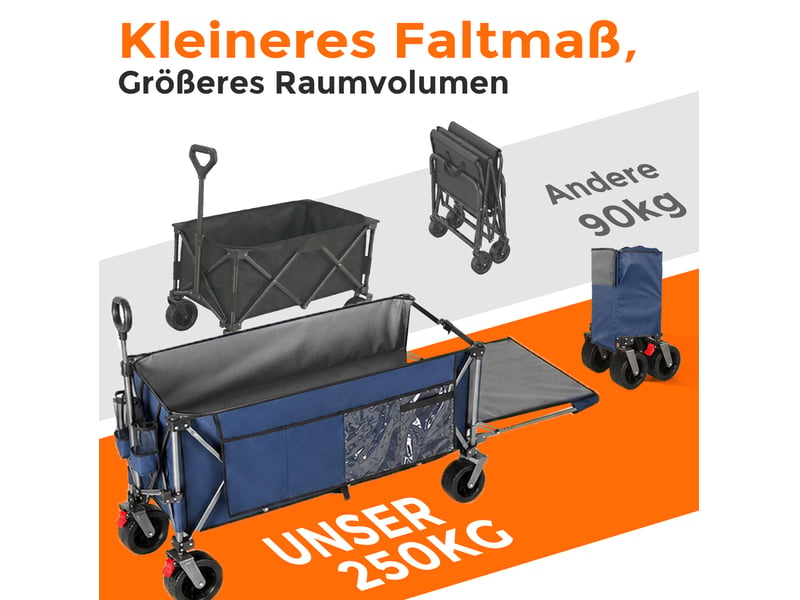  Chariot de jardin pliable 131x66x115,5 cm bleu en acier, roues tout-terrain, hayon extensible 180 cm  - Conforama B