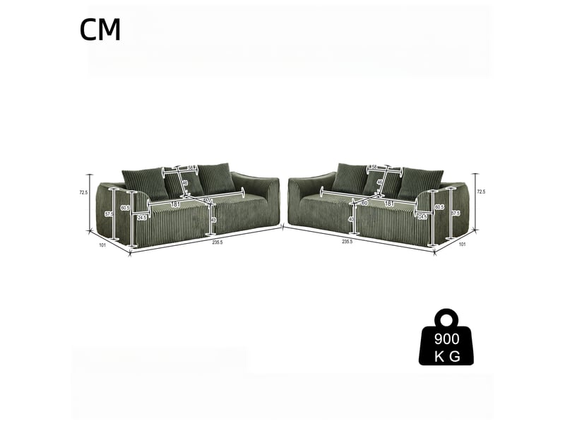  Canapé droit minimaliste en velours côtelé, lignes courbes, dossier incliné, 6 coussins, vert  - Conforama C
