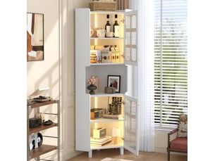 Meuble d'angle vitrine 63,5x157,5 cm, led, espace de rangement, bibliothèque, vitrine salon, pour salon, en mdf, blanc