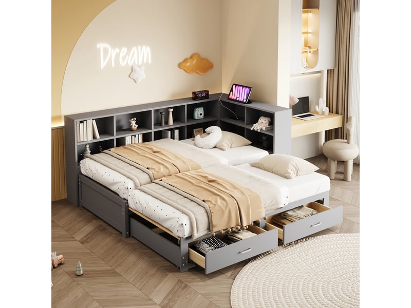 Lit banquette en bois massif 180 x 190cm, lit gigogne, tiroirs, tiroir, prises intégrées, sommier à lattes, meuble gain de place, gris evarich - Conforama E