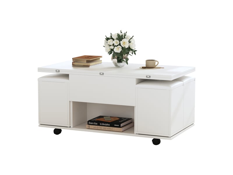  (modification du produit) table basse réglable en hauteur, table basse multifonctionnelle 3 en 1, table de salon avec rangement, convertible en table à manger, table de travail à roulettes avec 4 tabourets, 100 x 50 x 48 cm, bla…  - Conforama D