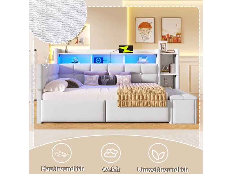 Lit de jour avec rangement - 90x190 cm - deux tiroirs - ports usb et type-c - compartiment de rangement - Conforama B