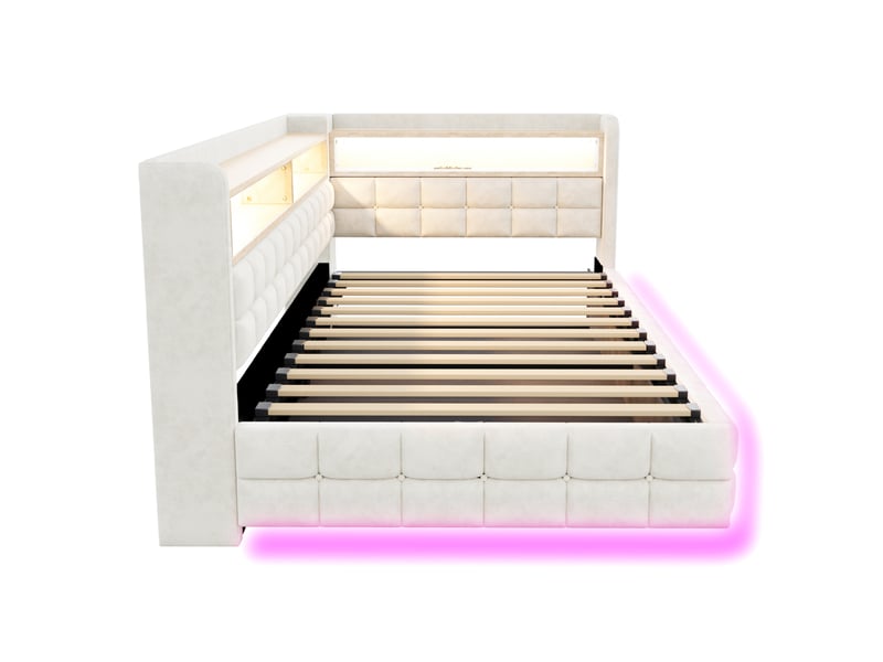  Lit banquette 90 x 200 cm beige en velours, rangement hydraulique, led et prises de recharge intégrées  - Conforama D