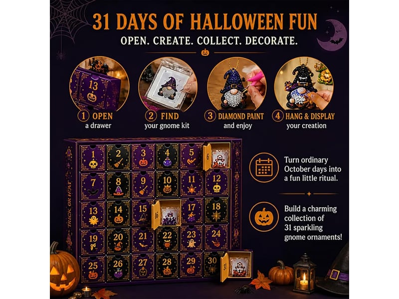  Calendrier de l'avent diamond painting 31 jours, gnomes halloween – kit diy complet, outils et perles inclus, déco maison  - Conforama C