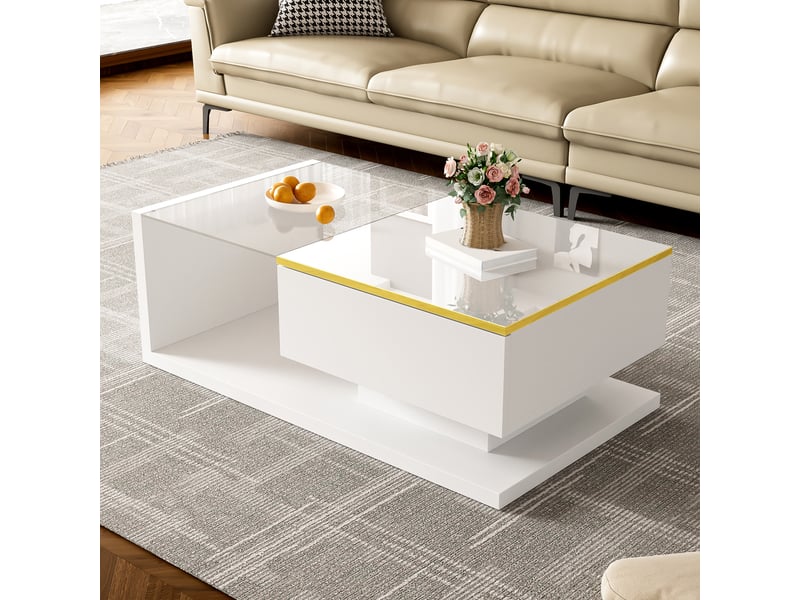  Table basse de 90 cm de long, blanc brillant. Tables d'appoint et tables basses en verre avec éclairage led.  - Conforama E