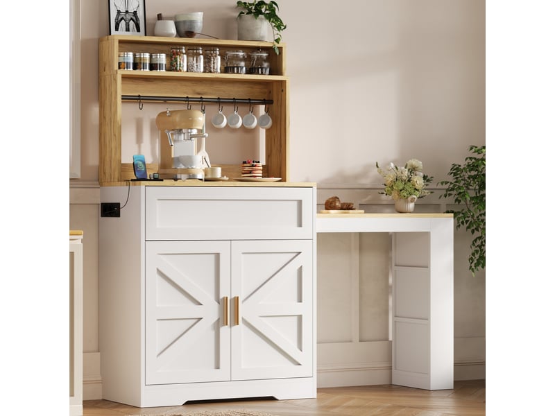  Buffet haut de cuisine 146x40x142 cm avec plan de travail extensible, étagère latérale 3 niveaux, étagères réglables, portes style grange, mdf blanc  - Conforama C