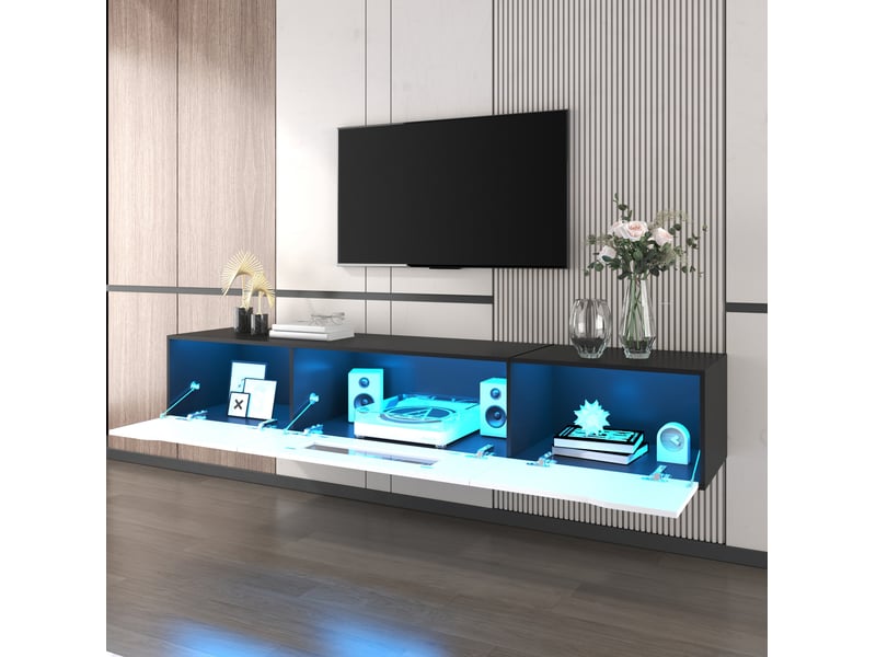  Meuble tv 180x35x30 cm, design moderne, éclairage led 16 couleurs, rangement, mdf et panneau particules, noir et blanc  - Conforama D