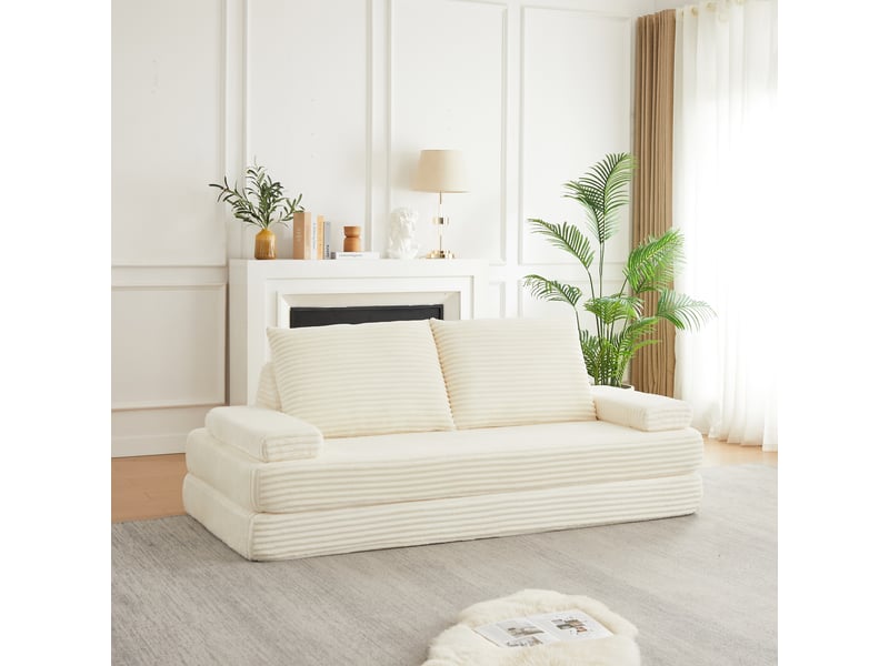  Canapé modulable 211 cm en velours côtelé beige, convertible en lit, 2 dossiers triangulaires, 2 coussins, configuration libre  - Conforama E