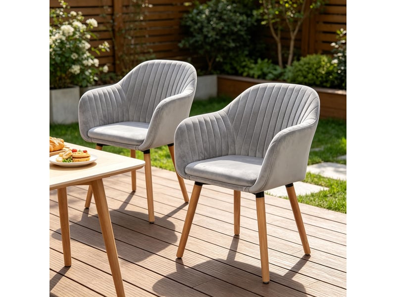  Lot de 2 chaises de salle à manger avec accoudoirs  - dossier incurvé, velours gris clair  - Conforama E