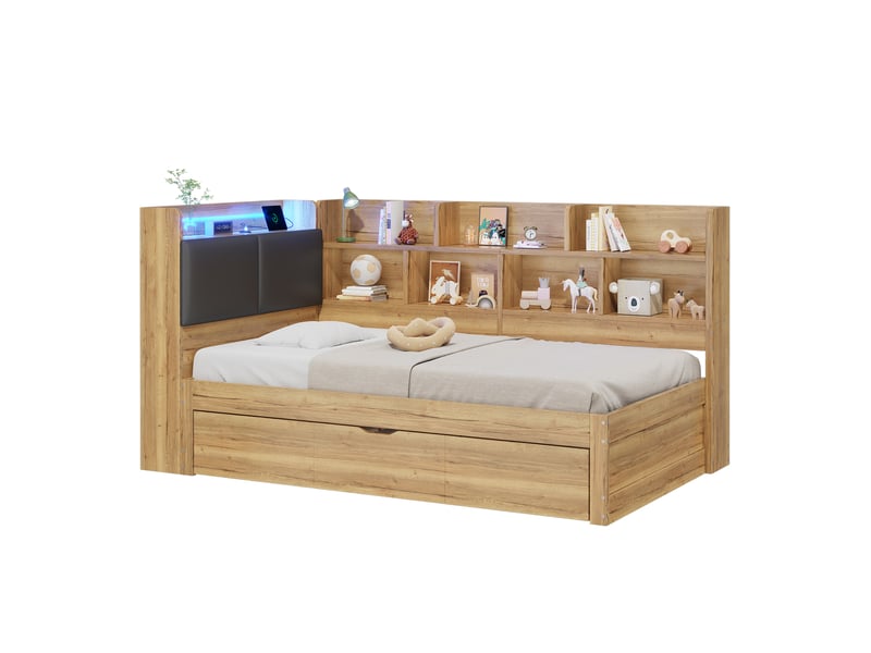  Lit gigogne avec rangement 90 x 200 cm, led, usb,  banquette-lit bois, naturel  - Conforama A