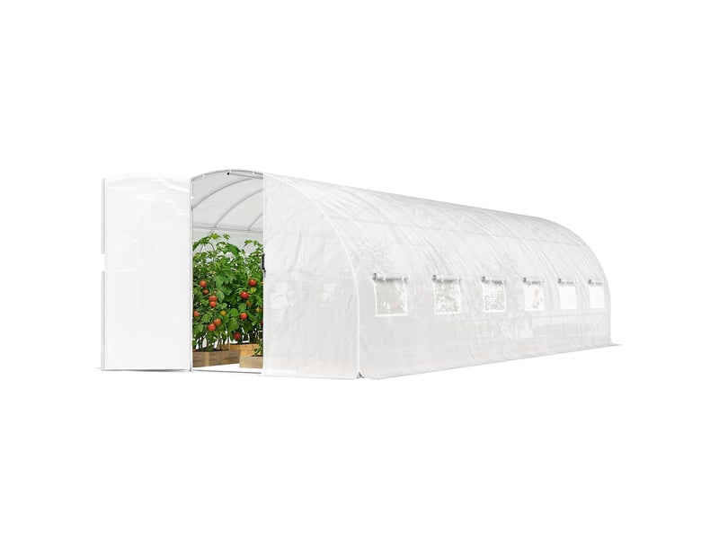  Serre tunnel de jardin 24m², serre de jardin tunnel avec portes et 12 fenêtres avec moustiquaires, 295x798x199cm, blanc  - Conforama B