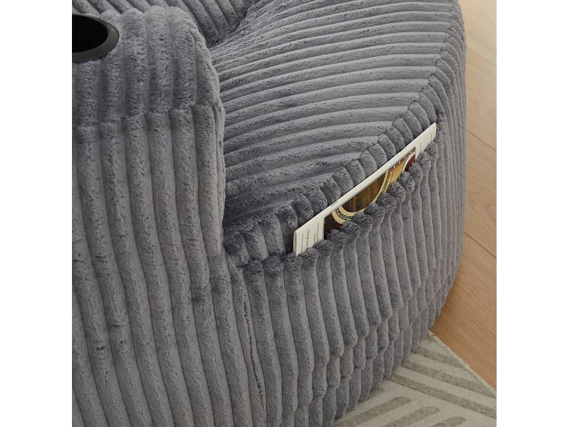  Fauteuil relax rond en velours côtelé gris – 1 place – 2 porte-gobelets – rangement latéral – 3 coussins  - Conforama C