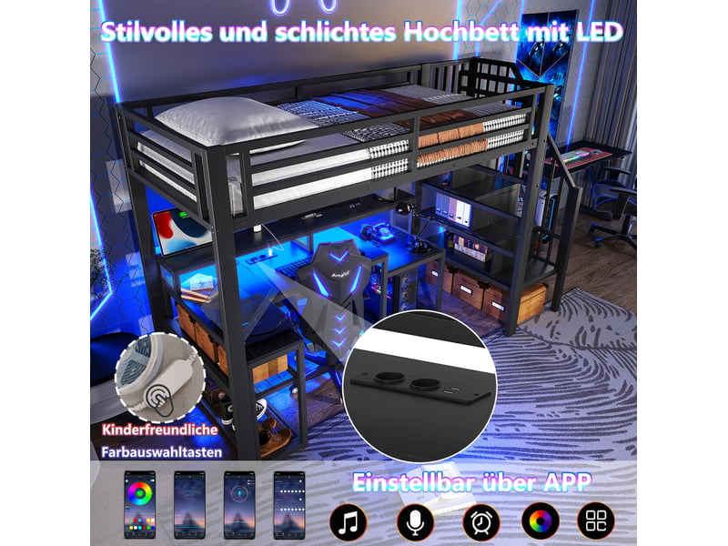  Lit mezzanine 90x200 cm avec bureau, led, usb et rangements noir  - Conforama E