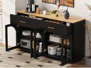 Buffet de cuisine 147 x 40 x 86 cm avec éclairage led, 2 tiroirs, 4 portes et étagères, noir et bois naturel, en mdf