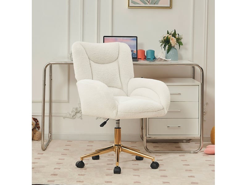  Chaise de bureau blanche en tissu teddy, base métal dorée réglable et roulettes 360° pour le télétravail  - Conforama E