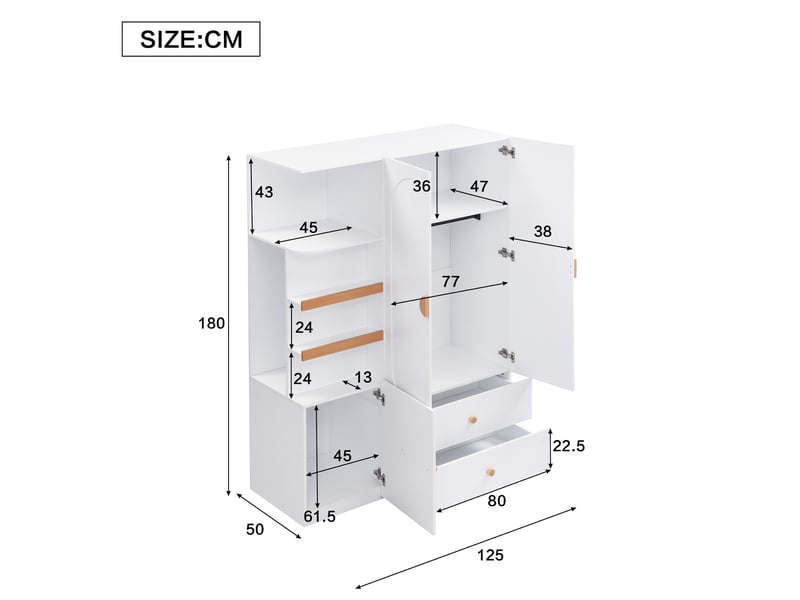 Armoire dressing 125x50x180 cm avec penderie à tringle, 2 tiroirs, étagères ouvertes et rangements fermés, mdf blanc et détails effet bois naturel - Conforama D