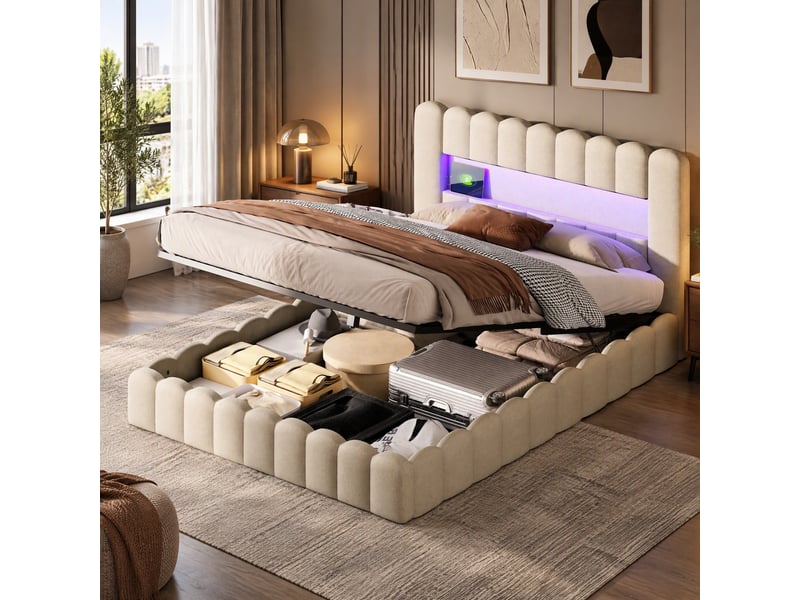  Lit coffre 180x200cm, lit double avec rangement hydraulique, lit led avec usb ports,cadre de lit avec sommier à latte,beige lit adulte en lin capitonné  - Conforama B