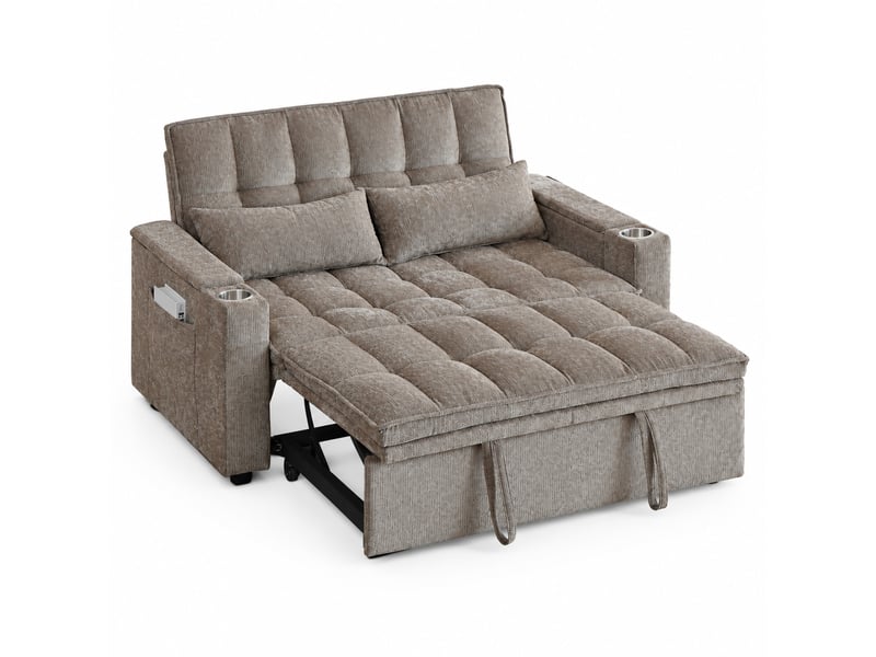  Canapé convertible modenvie 3-en-1 142 x 89 x 89 cm en chenille marron avec rangements et porte-gobelets  - Conforama A
