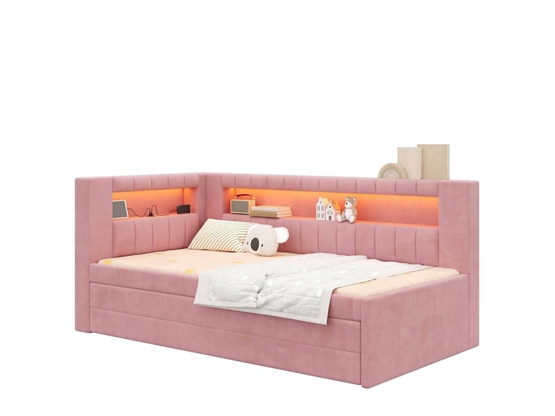  Lit banquette 90x200 rose avec led et usb, lit gigogne avec 3 tiroirs sans matelas  - Conforama A