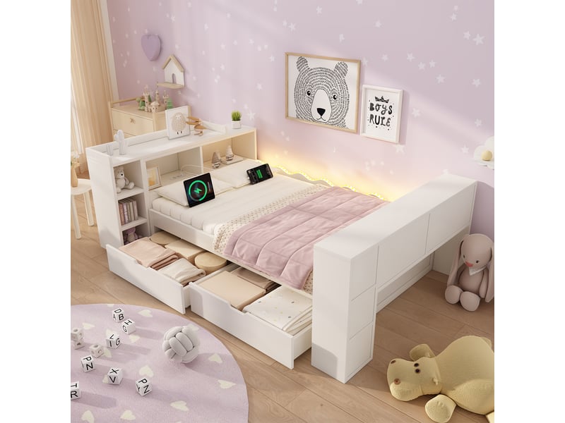 Canapé-lit 90x200cm - avec 2 tiroirs - avec éclairage led et prises de recharge - avec bureau extensible - blanc (matelas non inclus) - Conforama B