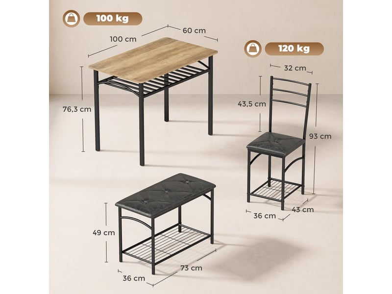  Ensemble salle à manger 4 pièces, table style industriel, 2 chaises, banquette 4 pers., similicuir marron.  - Conforama E
