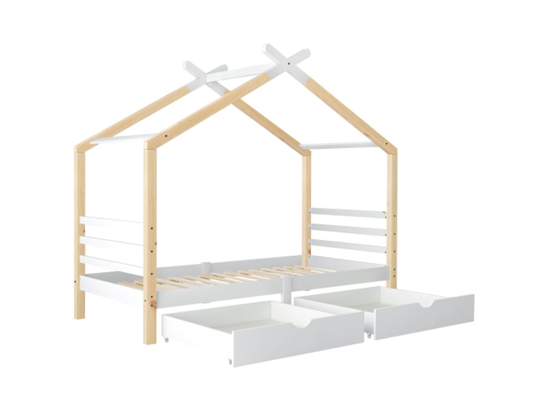  Lit enfant - 90 x 200 cm - style cabane, avec tiroirs, sommier à lattes - naturel et blanc  - Conforama A