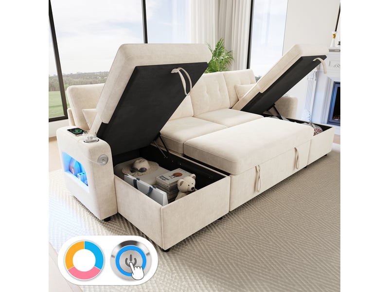 Canapé d'angle panoramique convertible 4 places tissu beige led coffre de rangement canapé d'angle beige - Conforama B