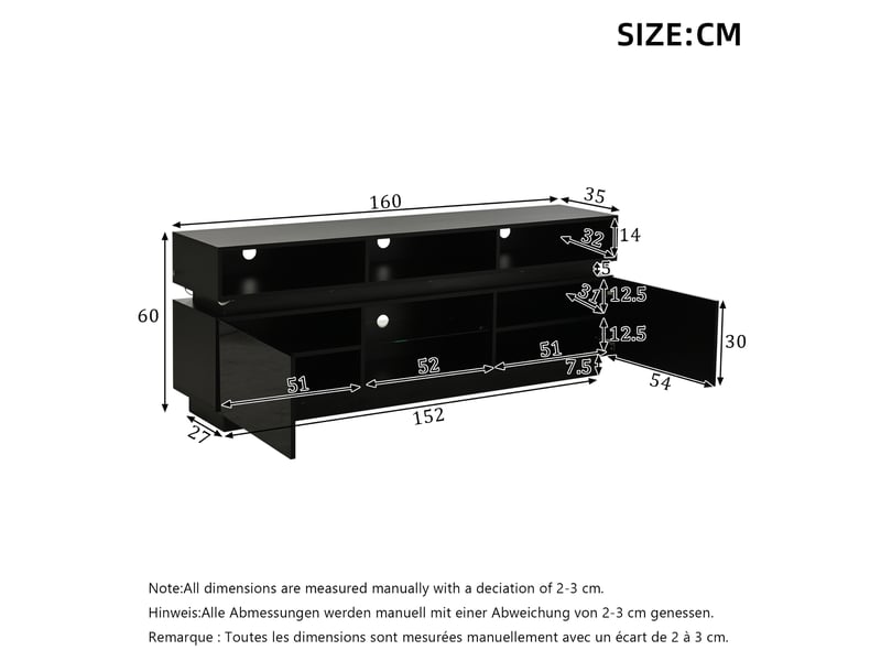  Meuble tv 160x35x60 cm avec led, façade brillante, mdf, noir  - Conforama C