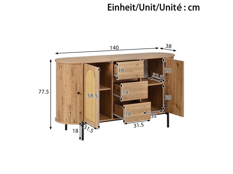 Meuble tv avec table basse et buffet, 6 portes coulissantes et rangement fermé - pour salon - en mdf - naturel - Conforama D