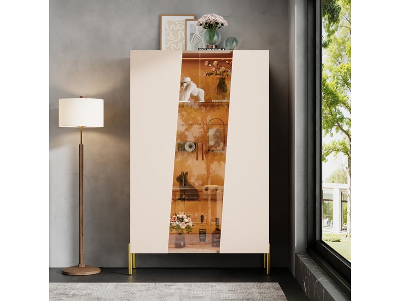 Vitrine led, porte en verre asymétrique, 3 étagères réglables et pieds métal, pour séjour 72 × 40 × 145 cm - Conforama D